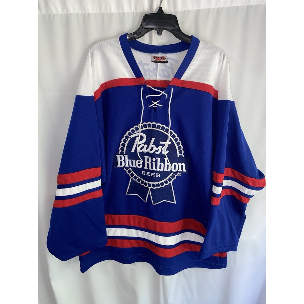 Pabst Blue Ribbon Beer Men's Large Blue Embroidered Logo Hockey Jersey RARE